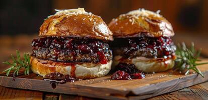 Gourmet Cheeseburger With Cranberry Sauce and Rosemary Garnish on a Wooden Cutting Board photo