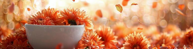 Orange Chrysanthemums Falling in a White Bowl in Soft Light photo