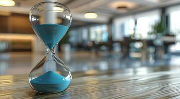 Blue Hourglass on Wooden Table in Modern Office photo