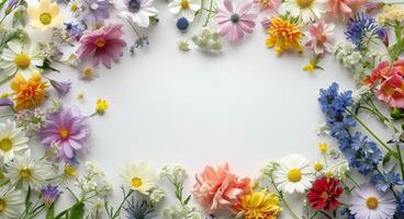 Colorful Wildflowers Arranged in a Circle on a White Background photo