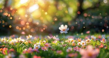 Single White Flower Blooming in a Field of Flowers at Sunset photo
