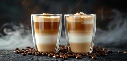 Two Steaming Cups of Coffee With Whipped Cream on a Dark Countertop photo