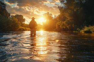 Fisherman Casting a Line in Foggy River on a Misty Morning photo