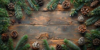Rustic Pine Branch Frame With Pine Cones and Star Anise on Weathered Wood photo