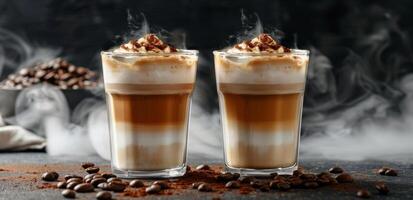 Two Steaming Cups of Coffee With Whipped Cream on a Dark Countertop photo