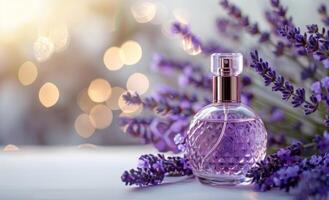 A Bottle of Lavender Perfume on a White Surface With a Bokeh Background photo
