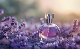 A Bottle of Lavender Perfume on a White Surface With a Bokeh Background photo