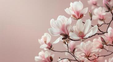Close Up of Delicate Pink Magnolia Blossoms on a Branch Against a Light Pink Background photo