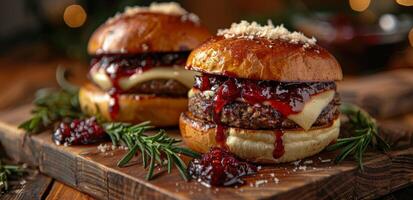 Gourmet Cheeseburger With Cranberry Sauce and Rosemary Garnish on a Wooden Cutting Board photo