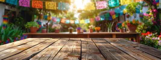 Wooden Tabletop With Blurry Background Of Colorful Decorated Street photo
