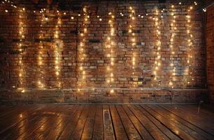Brick Wall With String Lights and Wooden Floor photo