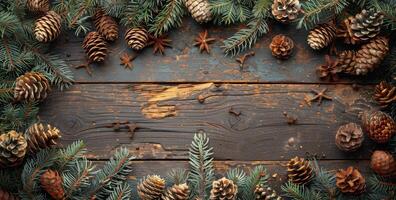 Rustic Pine Branch Frame With Pine Cones and Star Anise on Weathered Wood photo