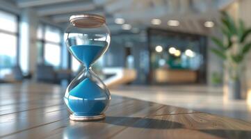 Blue Hourglass on Wooden Table in Modern Office photo