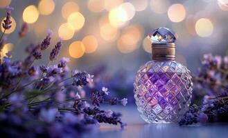 A Bottle of Lavender Perfume on a White Surface With a Bokeh Background photo