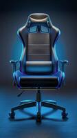 Blue And White Gaming Chair In Front Of Red And Blue Neon Lights photo