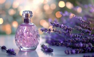 A Bottle of Lavender Perfume on a White Surface With a Bokeh Background photo