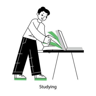 Latest outline mini illustration showing student studying online