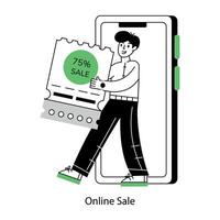 Character based outline mini illustration of online sale vector