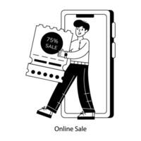 Character based outline mini illustration of online sale vector