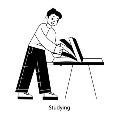 Latest outline mini illustration showing student studying online