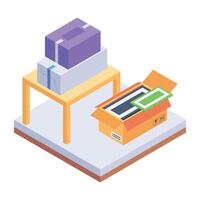 Grab this isometric icon of a packing desk vector