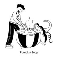 Modern linear mini illustration of making pumpkin soup vector