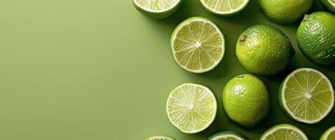 Whole and Sliced Limes Arranged on a Green Background photo
