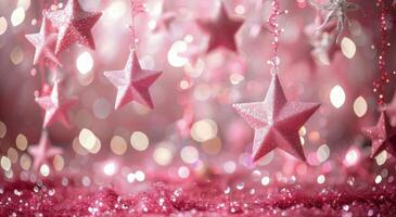 Silver Star Ornaments Hanging Against Pink Bokeh Background photo