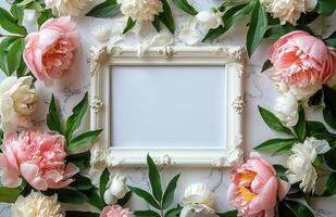 White Frame Surrounded by Pink and White Peonies and Petals photo