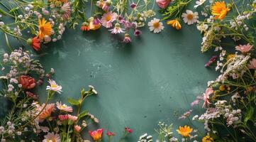 Colorful Wildflowers Arranged in a Heart Shape on a Green Background photo