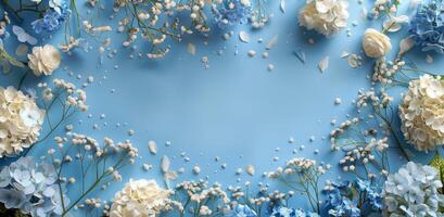 Blue Hydrangeas and Delicate White Flowers Frame a Light Blue Background photo