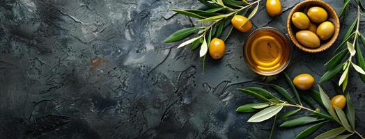 Fresh Green Olives and Sprigs on Dark Background photo