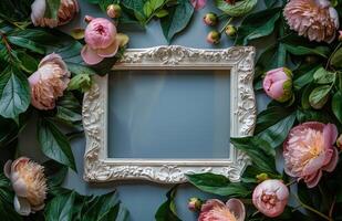 White Frame Surrounded by Pink and White Peonies and Green Leaves on White Background photo