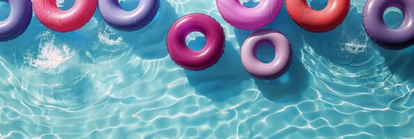 Colorful Inflatable Pool Floats Floating In a Sparkling Pool on a Sunny Day photo