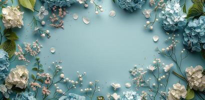 Blue Hydrangeas and Delicate White Flowers Frame a Light Blue Background photo