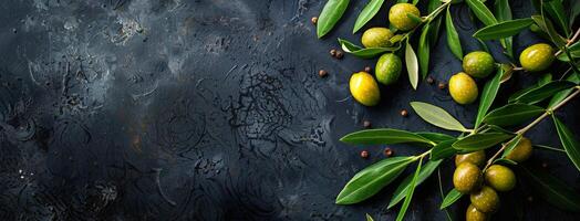 Fresh Green Olives and Sprigs on Dark Background photo