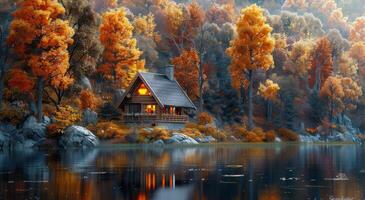 Autumnal Log Cabin Reflecting on Serene Lake photo
