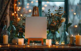 Blank Canvas With Candles and Flowers in a Window-Lit Room photo