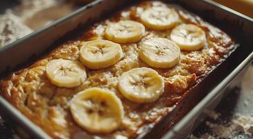 Freshly Baked Banana Bread in a Loaf Pan photo