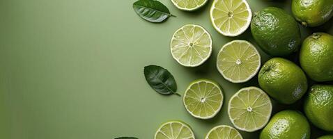Whole and Sliced Limes Arranged on a Green Background photo