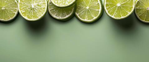 Whole and Sliced Limes Arranged on a Green Background photo