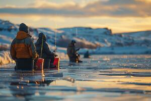 Fishermen on a Frozen Lake at Sunset photo