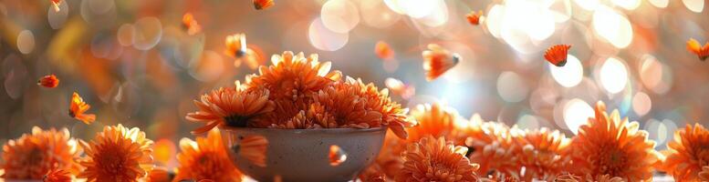Orange Chrysanthemums Falling in a White Bowl in Soft Light photo