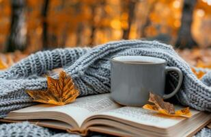 Cozy Autumn Day With Hot Beverage, Book, and Knit Scarf photo