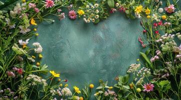 Colorful Wildflowers Arranged in a Heart Shape on a Green Background photo