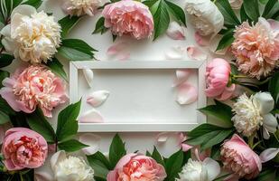 White Frame Surrounded by Pink and White Peonies and Petals photo