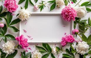 White Frame Surrounded by Pink and White Peonies and Green Leaves on White Background photo