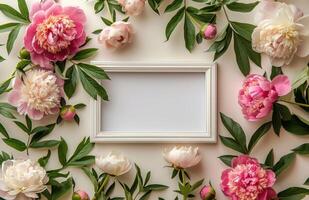White Frame Surrounded by Pink and White Peonies and Petals photo