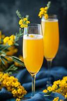 Two Glasses of Mimosa With Mimosa Flowers on a Blue Tablecloth photo