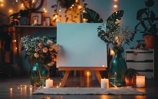 Blank Canvas With Candles and Flowers in a Window-Lit Room photo